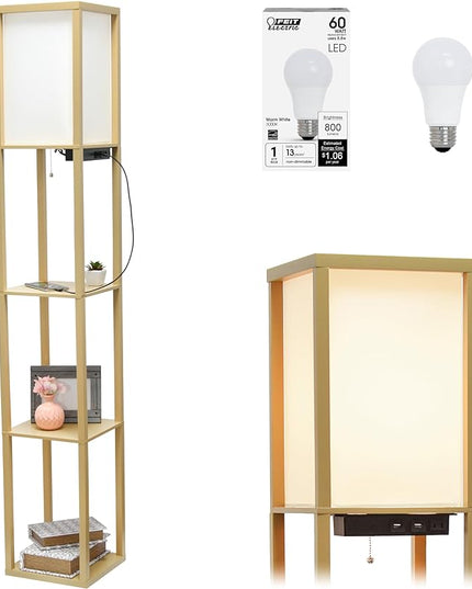 Simple Designs LF1037-TAN-LB Three Shelf Etagere Organizer Storage Floor Lamp with 2 Dual USB Ports and Charging Outlet, Tan, with Feit LED Bulb Included - LeafyLoom