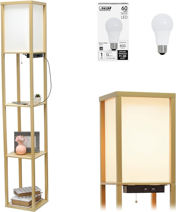 Simple Designs LF1037-TAN-LB Three Shelf Etagere Organizer Storage Floor Lamp with 2 Dual USB Ports and Charging Outlet, Tan, with Feit LED Bulb Included - LeafyLoom