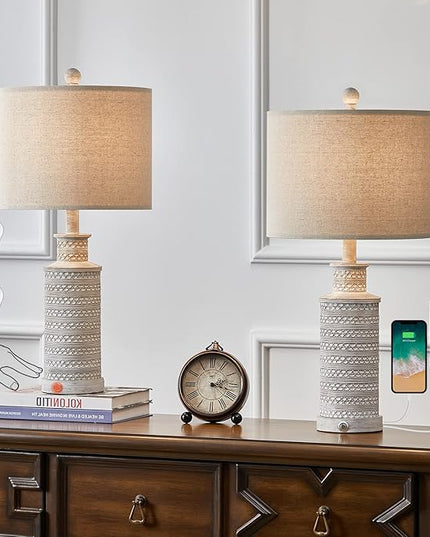 BOBOMOMO 3-Way Dimmable Touch Control Table Lamp Set of 2 with Dual USB Charging Ports for Bedroom Living Room Vintage Rustic Farmhouse Traditional Nightstand Bedside Lamps(Bulbs Included) - LeafyLoom