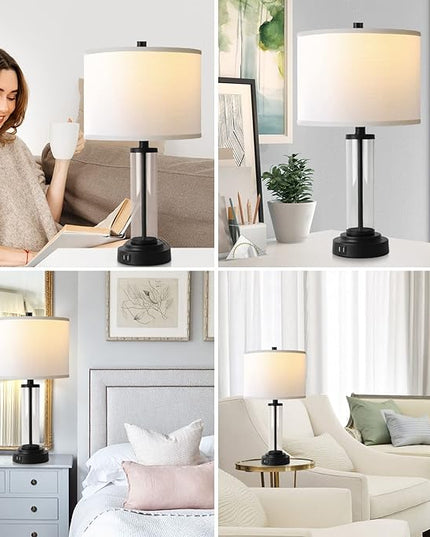 QiMH Touch Control Table Lamps Set of 2 with USB Ports, 3-Way Dimmable Bedside Lamp for Living Room Bedroom House, Modern Nightstand Lamp with 2 LED Bulbs(Black) - LeafyLoom