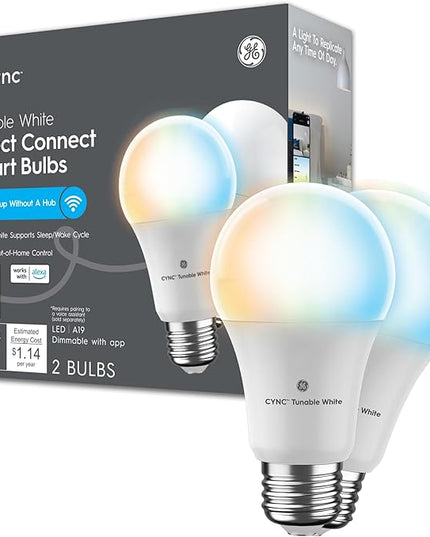 GE CYNC Smart LED Light Bulbs, Tunable White, Bluetooth and Wi-Fi, Works with Alexa and Google, A19 (2 Pack) CYNCSmartHome