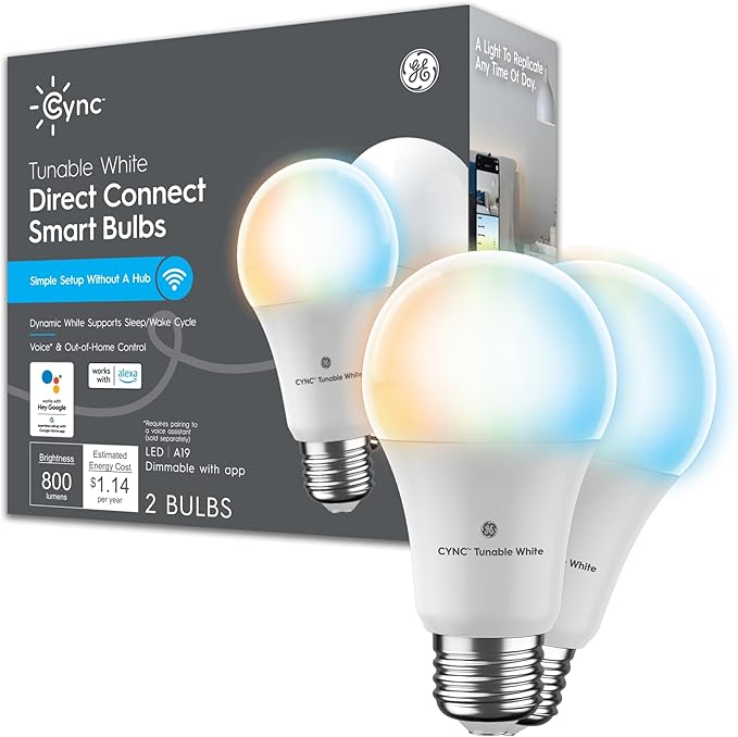 GE CYNC Smart LED Light Bulbs, Tunable White, Bluetooth and Wi-Fi, Works with Alexa and Google, A19 (2 Pack) CYNCSmartHome