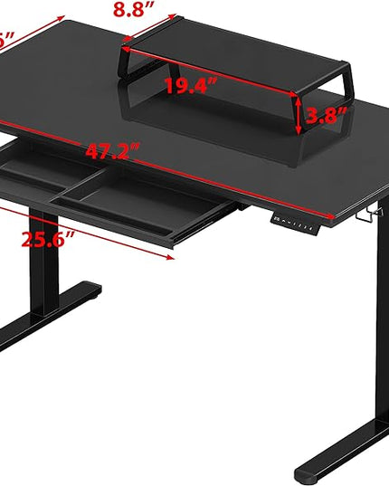 SHW 48-Inch Whole-Piece Glass Electric Height Adjustable Desk with Monitor Riser and Drawer, Black - LeafyLoom
