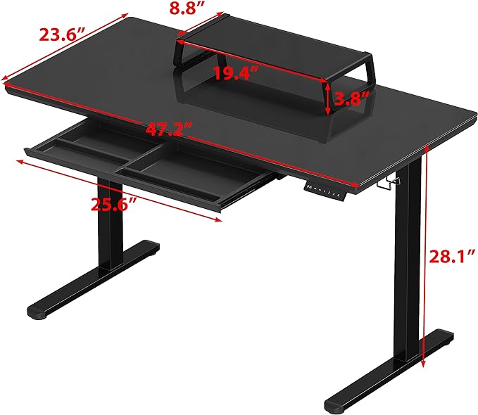 SHW 48-Inch Whole-Piece Glass Electric Height Adjustable Desk with Monitor Riser and Drawer, Black - LeafyLoom