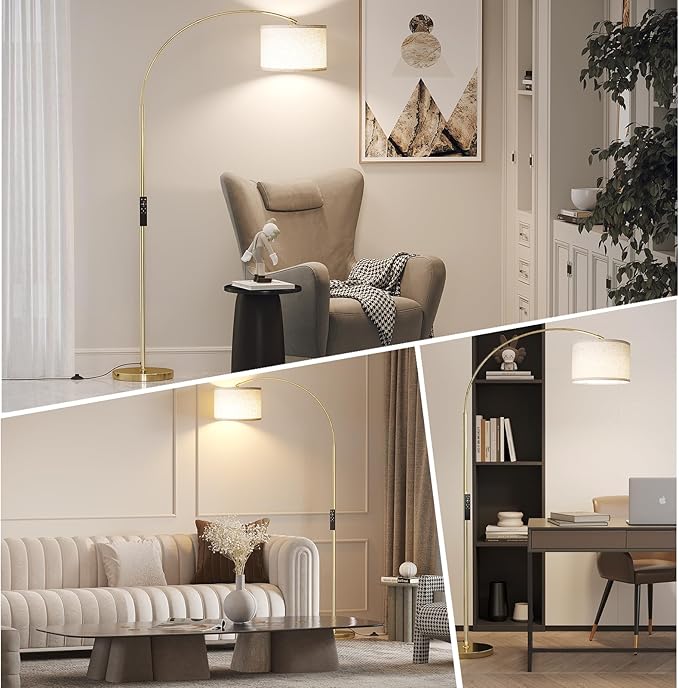 SUNMORY Arc Floor Lamp with Remote,Modern Floor Lamp with Stepless Dimmable Bulb,75″Height Tall Lamp for Living Room with Hanging Drum Shade and Weighted Base.Mid Century Standing Lamp for Bedroom. - LeafyLoom