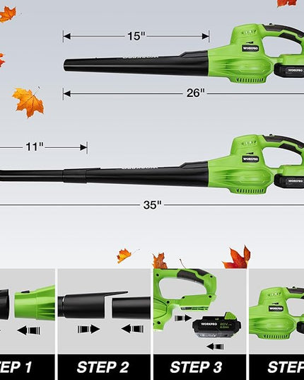 WORKPRO Cordless Leaf Blower, 20V Battery Powered Leaf Blower for Lawn Care, 2-Speed Control Lightweight Mini Electric Leaf Blower wih Battery and Charger - LeafyLoom