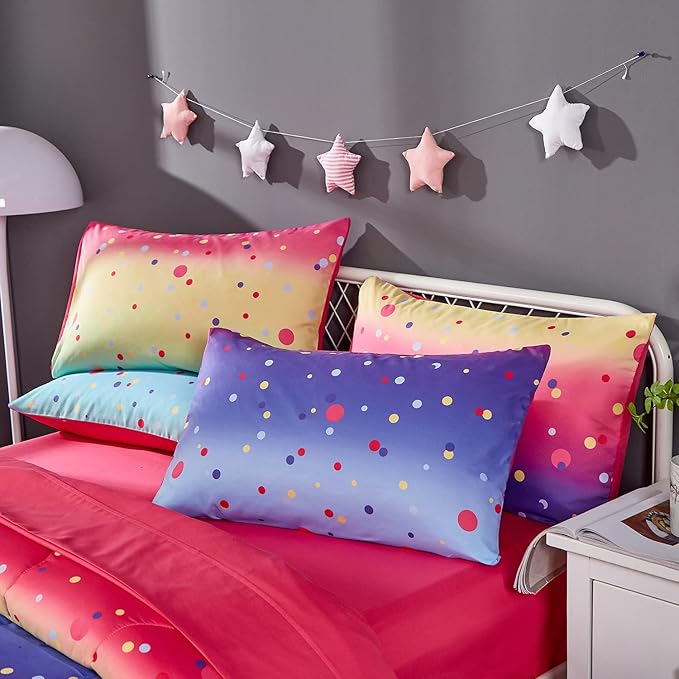 Colorful Polka Dots Rainbow Comforter Set for Teen Girl,Full/Queen Size 5 Piece Bed in A Bag,Circles Printed Comforter and Sheets,Ultra Soft Microfiber All Season Bedding Set(Full/Queen,Dots) - LeafyLoom