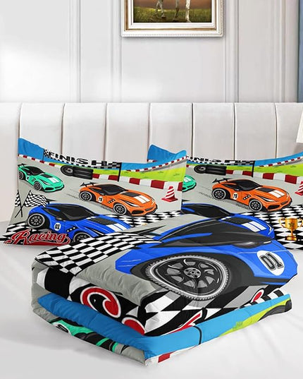 Axolotl Racing Car Bedding Set Twin,Cool Speed Race Car Down Comforter for Kids Boys Girls Teens,Racing Car Comforter Set Car Theme with Three Cars Arrive at Finish,1 Comforter and 2 Pillowcases - LeafyLoom