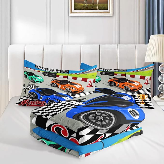 Axolotl Racing Car Bedding Set Queen,Cool Speed Race Car Down Comforter for Kids Boys Girls Teens,Racing Car Comforter Set Car Theme with Three Cars Arrive at Finish,1 Comforter and 2 Pillowcases - LeafyLoom