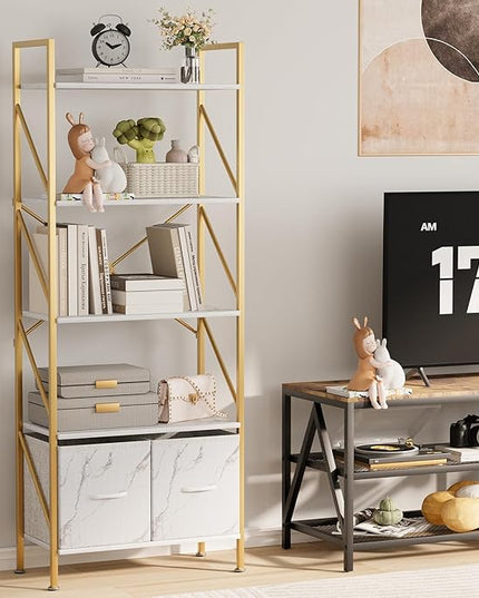 5 Tier Industrial Bookcase Shelf for Bedroom/Living Room/Home Office,Rustic Tall Storage Rack with 2 Drawers,Open Display Standing Shelf Units Shelves for Books and Movies, 22.4 in (Gold,2 Drawers) - LeafyLoom