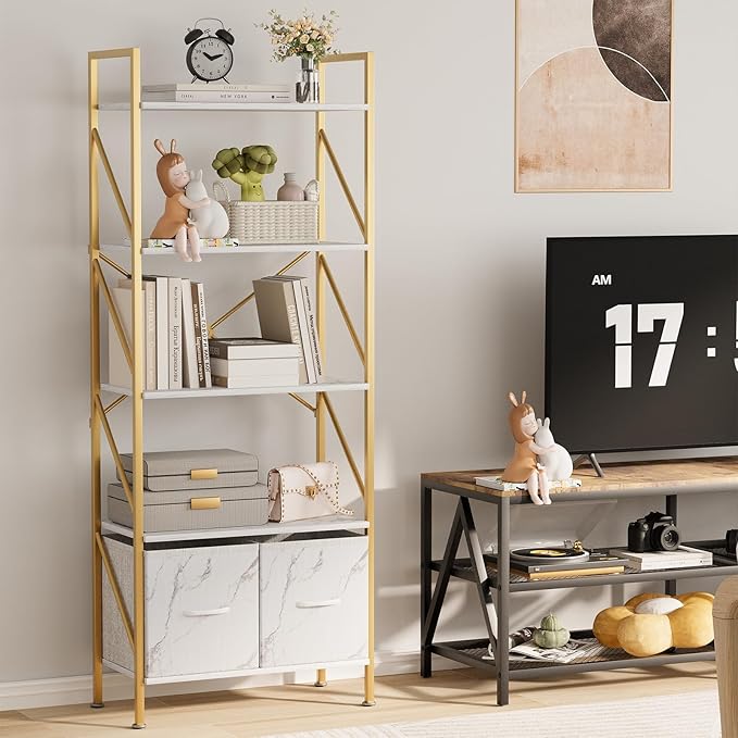 5 Tier Industrial Bookcase Shelf for Bedroom/Living Room/Home Office,Rustic Tall Storage Rack with 2 Drawers,Open Display Standing Shelf Units Shelves for Books and Movies, 22.4 in (Gold,2 Drawers) - LeafyLoom