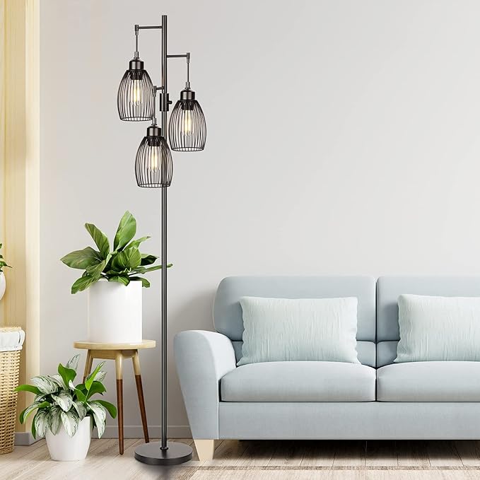 68’’ Dimmable Floor Lamp, 3 x 800LM LED Edison Bulbs Included, Industrial Floor Lamps for Living Room, Rustic Tall Lamps Standing Lamp for Bedrooms Living Room - LeafyLoom