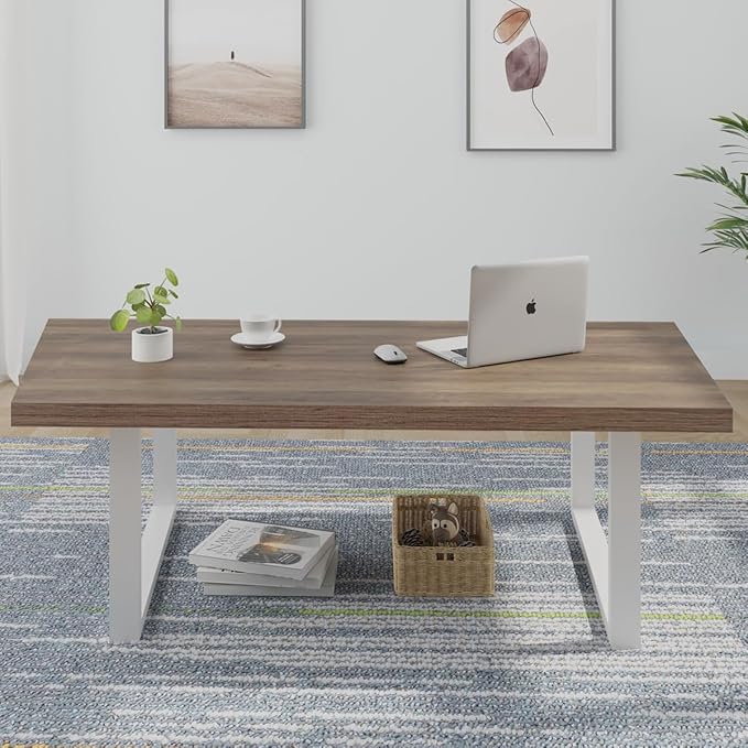 IBF Farmhouse Living Room Table, Modern Minimalist Wood Coffee Table, Simple Industrial Rectangle Center Table, Wood and Metal Tea Coffee Table for Home Bedroom Office, White and Rustic Oak, 47 Inch - LeafyLoom