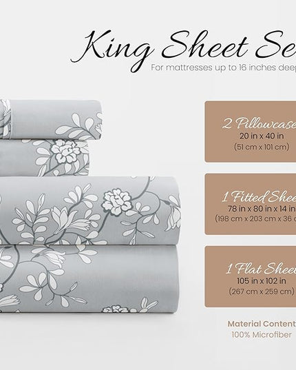 Linen Market 4 Piece King Bedding Sheet Set (Light Gray Vine) - Sleep Better Than Ever with These Ultra-Soft & Cooling Bed Sheets for Your King Size Bed - Deep Pocket Fits 16" Mattress - LeafyLoom