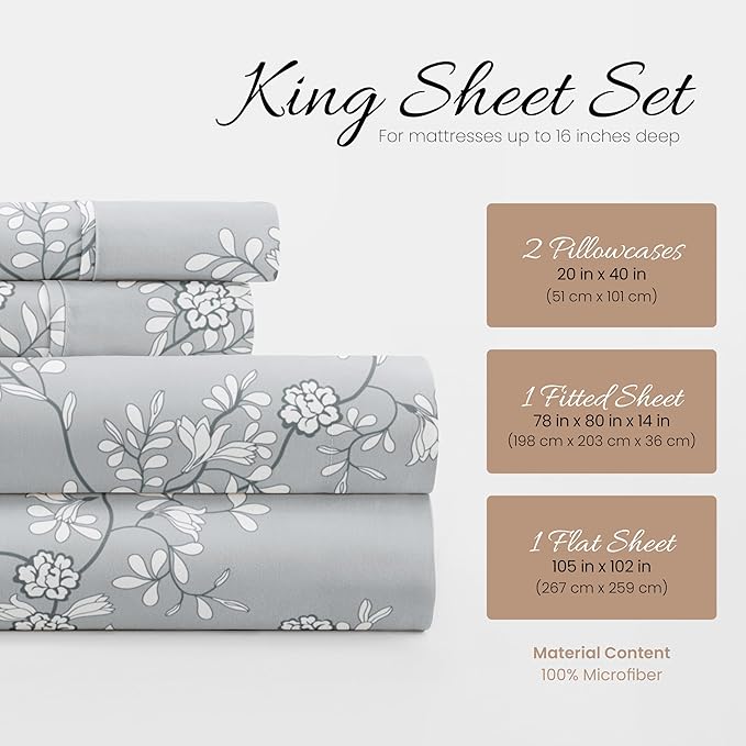 Linen Market 4 Piece King Bedding Sheet Set (Light Gray Vine) - Sleep Better Than Ever with These Ultra-Soft & Cooling Bed Sheets for Your King Size Bed - Deep Pocket Fits 16" Mattress - LeafyLoom