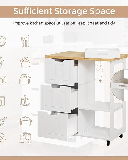 Shintenchi Kitchen Island Cart with Storage,Rolling Kitchen Island Storage Cabinet,Side Table on Wheels with Worktop,3 Open Shelves and 3 Drawers for Kitchen,Dinning Room, White - LeafyLoom