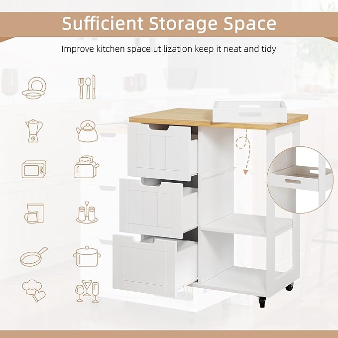 Shintenchi Kitchen Island Cart with Storage,Rolling Kitchen Island Storage Cabinet,Side Table on Wheels with Worktop,3 Open Shelves and 3 Drawers for Kitchen,Dinning Room, White - LeafyLoom