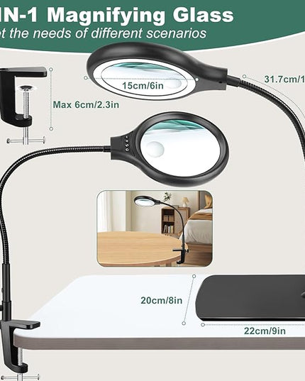NZQXJXZ Large 2-in-1 Magnifying Glass with 72 LEDs Light and Stand 20X 10X Magnifying Lamp with Large Base and Clamp, 3 Color Modes and 10 Stepless Dimmable, Hands Free Desk Magnifier for Close Work - LeafyLoom
