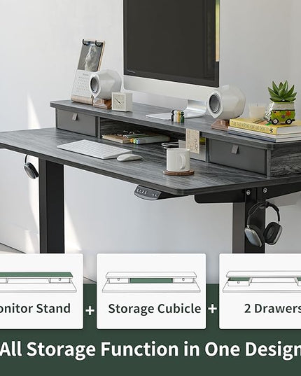 FEZIBO 60 x 24 Inch Height Adjustable Electric Standing Desk with Double Drawer, Stand Up Desk with Storage Shelf, Sit Stand Desk, Grey - LeafyLoom