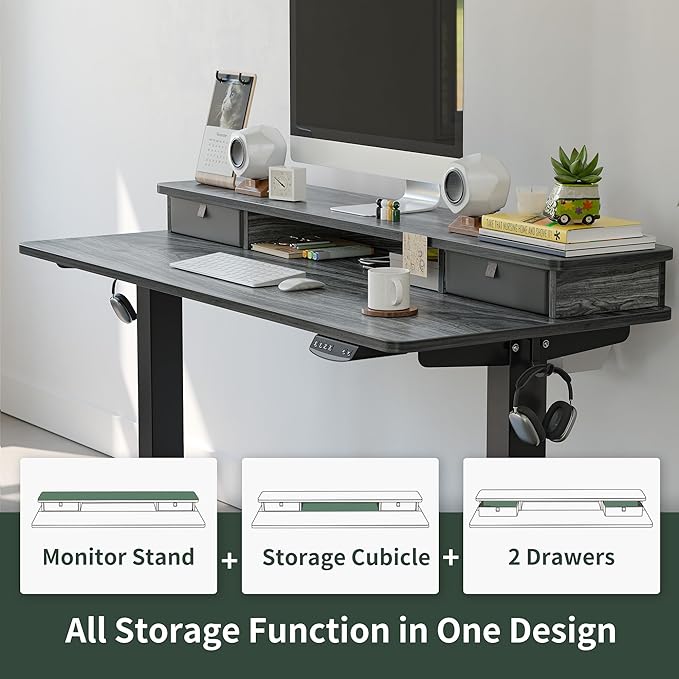 FEZIBO 60 x 24 Inch Height Adjustable Electric Standing Desk with Double Drawer, Stand Up Desk with Storage Shelf, Sit Stand Desk, Grey - LeafyLoom