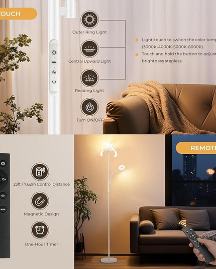 FIMEI 3 in 1 Floor Lamp, Modern Bright Standing Lamp with Split Rotatable Outer Ring Light and Small Reading Light, 4 Color and Dimmable, 3-Way Independent Control for Living Room Office, White - LeafyLoom
