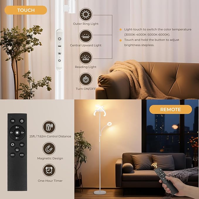 FIMEI 3 in 1 Floor Lamp, Modern Bright Standing Lamp with Split Rotatable Outer Ring Light and Small Reading Light, 4 Color and Dimmable, 3-Way Independent Control for Living Room Office, White - LeafyLoom