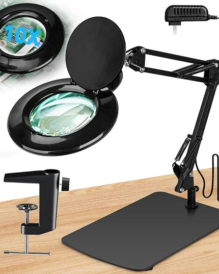 【Upgrade Head Dual Dimmer】 10X Magnifying Glass with Light and Stand, HITTI 2-in-1 LED Lighted Magnifier Large Base & Clamp, Infinite Color Stepless Dimming Magnifying Lamp for Painting Craft Reading - LeafyLoom