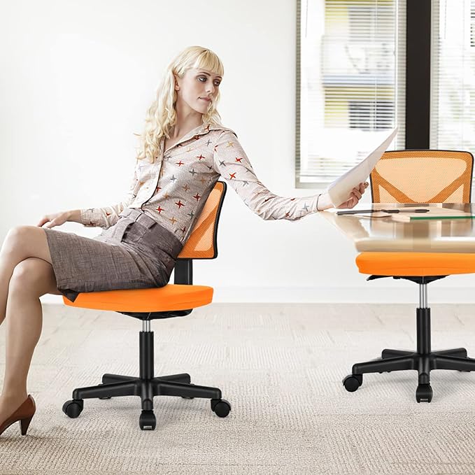 Armless Small Home Office Desk Chair, Ergonomic Low Back Computer Chair, Adjustable Rolling Swivel Task Chair with Lumbar Support for Small Space, 1 Pack, Orange - LeafyLoom