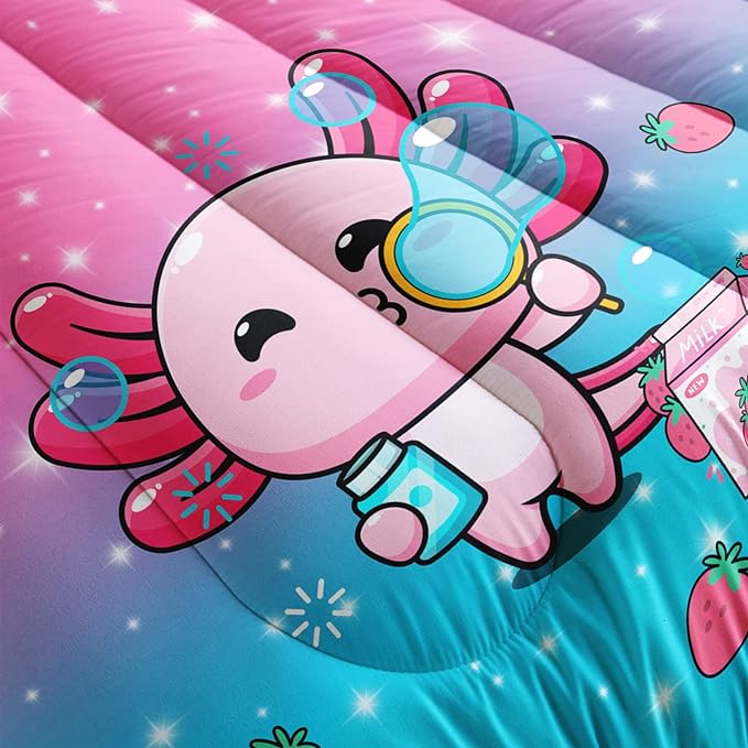 Kawaii Axolotl Comforter,Pink Salamander Comforter Set for Kids Teens Girls,3Pcs Bedding Set Printed Comforter with 2 Pillowcases,Down Alternative,Soft and Lightweight(Pink，Twin Size) - LeafyLoom
