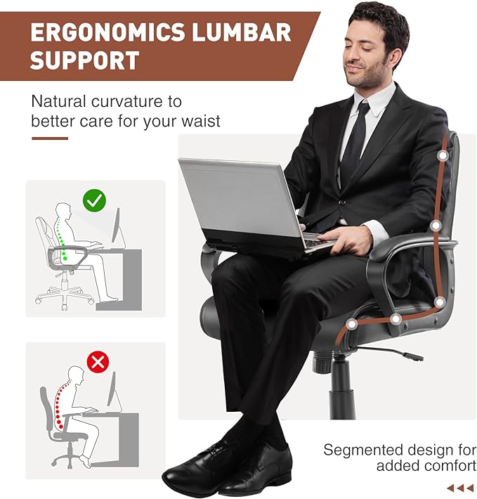 Office Chair - Mid-Back Computer Desk Chair with Armrests, Height Adjustable Home Chair, 360-Degree Swivel, Lumbar Support, PU Leather, Black, Modern - LeafyLoom