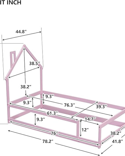 Bellemave Twin Size House-Shaped Headboard Floor Bed with Fences, Wooden Montessori Bed for Kids,House Bed Twin Frame for Girls,Boys (Pink) - LeafyLoom