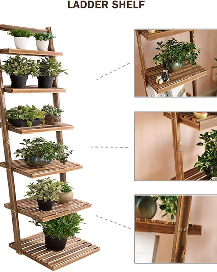 HYNAWIN 6 tier bookshelf ladder shelf-Large Bamboo Storage Shelves Wall Leaning Shelf for Garage, Kitchen, Office,Corner Display Bookcase - LeafyLoom