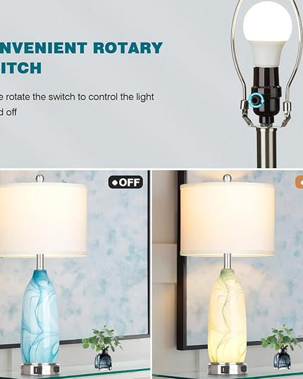 26" Coastal Table Lamps Set of 2, Modern Table Lamps with USB A+C Ports & AC Outlet, Touch Control Glass Bedside Nightstand Lamp with Night Light for Living Room Bedroom End Table Blue(Bulbs Included) - LeafyLoom