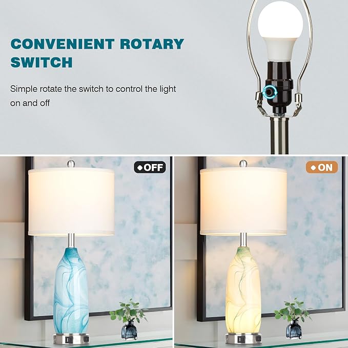 26" Coastal Table Lamps Set of 2, Modern Table Lamps with USB A+C Ports & AC Outlet, Touch Control Glass Bedside Nightstand Lamp with Night Light for Living Room Bedroom End Table Blue(Bulbs Included) - LeafyLoom