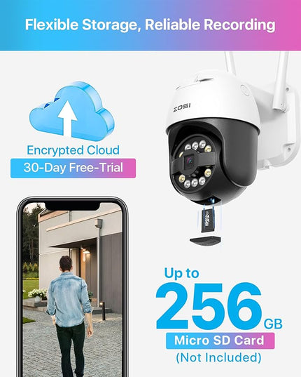 ZOSI 3K 5MP Pan/Tilt WiFi Security Camera, C296 Plug-in Home Surveillance Camera Outdoor, Person Vehicle Detection, Human Tracking, Night Vision, 2 Way Audio, Floodlight Siren, Cloud & SD Card Storage ZOSI