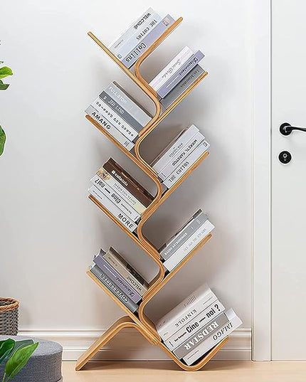 Bamboo Tree Bookshelf, 8-Tier Wood Bookcase, Free Standing Book Organizer Shelves, Books/Albums/Files Holder Display Storage Rack Space Saver for Living Room Bedroom-Log 55x23x5inch - LeafyLoom