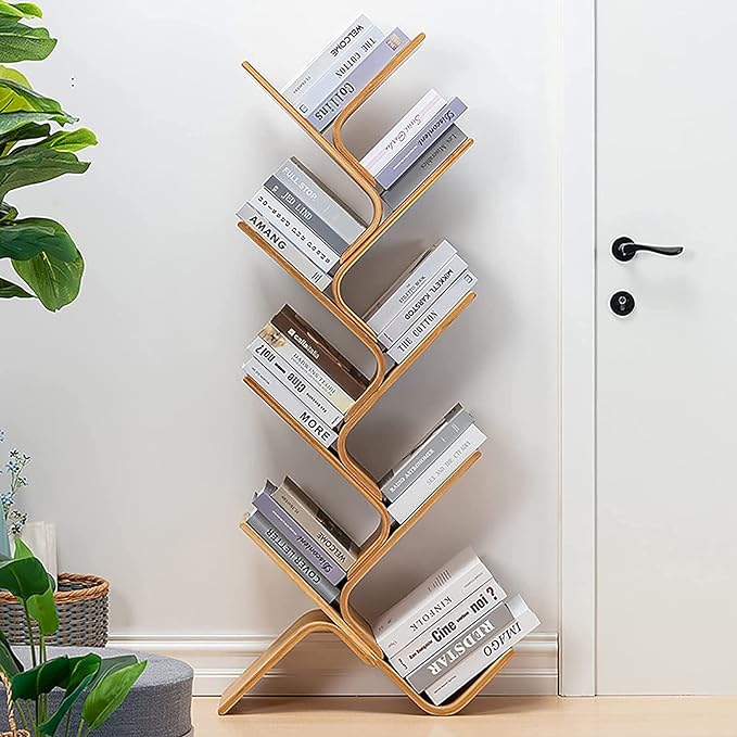 Bamboo Tree Bookshelf, 8-Tier Wood Bookcase, Free Standing Book Organizer Shelves, Books/Albums/Files Holder Display Storage Rack Space Saver for Living Room Bedroom-Log 55x23x5inch - LeafyLoom