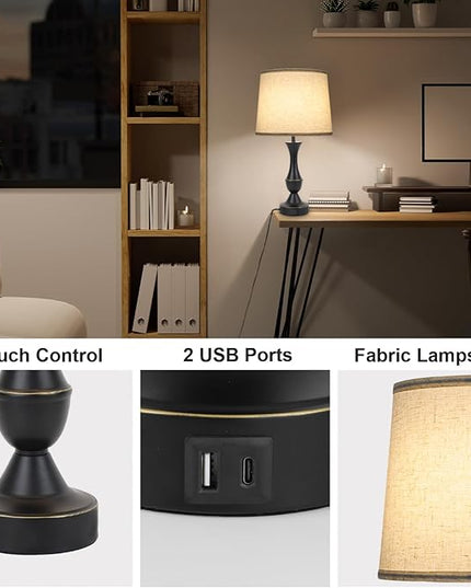 Touch Lamps for Bedrooms Set of 2, Farmhouse Table Lamp with USB C Charging Port, 3 Way Dimmable Nightstand Lamps with Linen Fabric Lampshade for Bedroom, Living Room (Pack2-Black) - LeafyLoom
