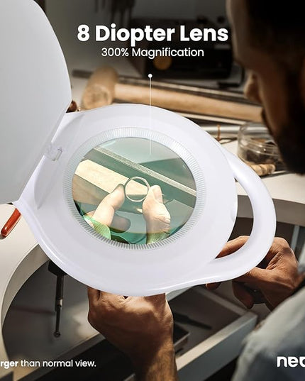 Neatfi Elite LED Magnifying Lamp with Clamp, 8 Diopter, 3000K-6500K Color Temperature, 96 pcs SMD LED, Nonpolar Dimming, Eye-Friendly, Glare-Free, Adjustable Arm Magnifier (5 Inch Lens, White) - LeafyLoom