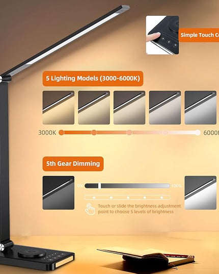 Desk Lamp with Wireless Charger, LED Table Lamps for Home Office, USB Charging Port, Blue and Warm Bedside Night Light, Touch Dimmable, Eye-Caring, Timer, with Adapter, Black - LeafyLoom