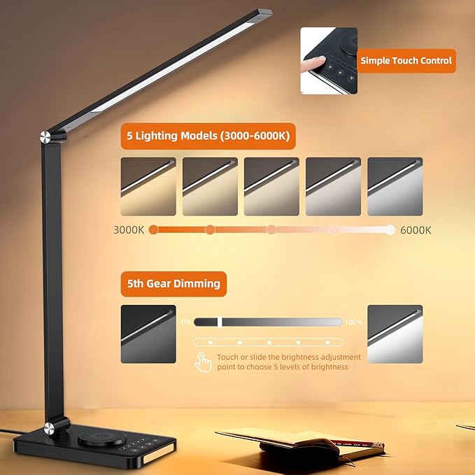 Desk Lamp with Wireless Charger, LED Table Lamps for Home Office, USB Charging Port, Blue and Warm Bedside Night Light, Touch Dimmable, Eye-Caring, Timer, with Adapter, Black - LeafyLoom