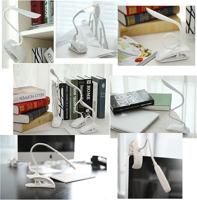 Clip Desk Lamp Table LED Bulb Lamps Set USB Outlet White Modern Shade Gooseneck Dimmable Light Clamp Base Touch Sensor Switch Charging Battery Office Room Bedroom Dorm Kids Small Girls Study Reading - LeafyLoom