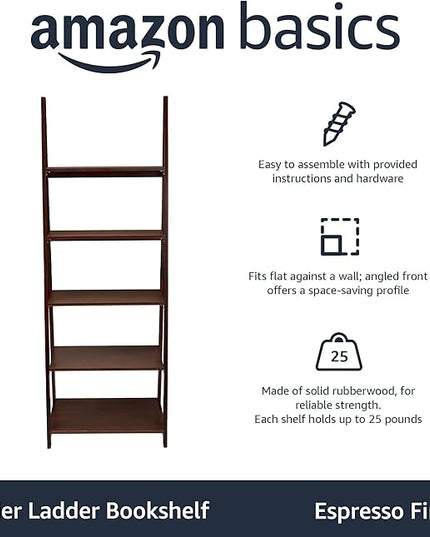Amazon Basics Modern 5-Tier Ladder Bookshelf Organizer, Solid Rubberwood Frame, Espresso Finish, 14 D x 24.8 W x 70.1 H in - LeafyLoom