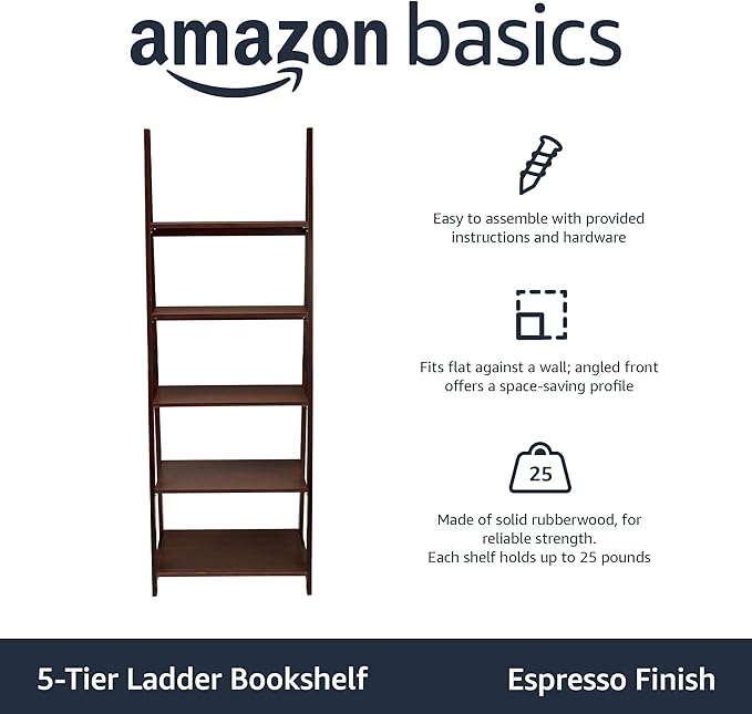 Amazon Basics Modern 5-Tier Ladder Bookshelf Organizer, Solid Rubberwood Frame, Espresso Finish, 14 D x 24.8 W x 70.1 H in - LeafyLoom
