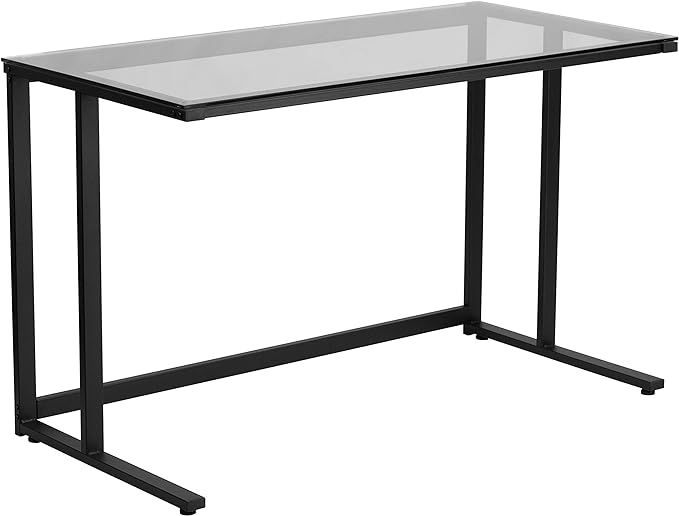 Flash Furniture Singleton Glass Desk with Black Pedestal Metal Frame - LeafyLoom