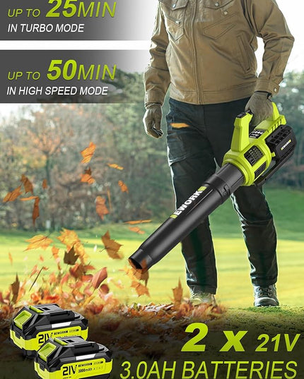 EWORK Cordless Leaf Blower with (2) 3.0Ah Battery and Fast Charger - 400CFM 21V Electric Leaf Blower Cordless, Variable Speed and Turbo Mode - Battery Powered Leaf Blowers for Lawn Care, Yard - LeafyLoom
