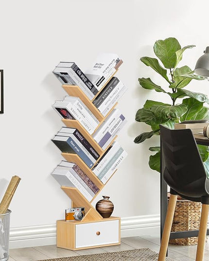 8 Tier Tree Bookshelf with Drawer, Free Standing Wood Bookcase for Narrow Space, Storage Organizer Bookshelves for Books, Book Case for Home Office, Living Room, Bedroom - Natural - LeafyLoom