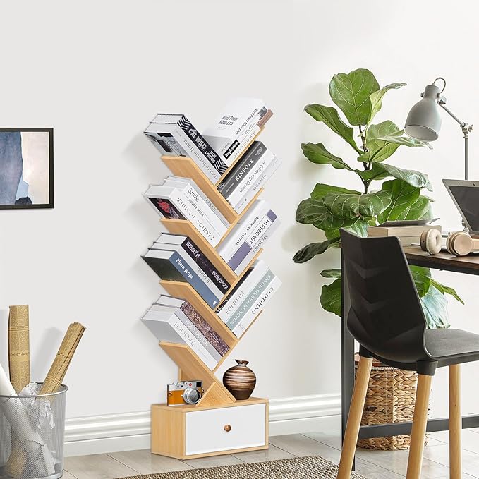 8 Tier Tree Bookshelf with Drawer, Free Standing Wood Bookcase for Narrow Space, Storage Organizer Bookshelves for Books, Book Case for Home Office, Living Room, Bedroom - Natural - LeafyLoom