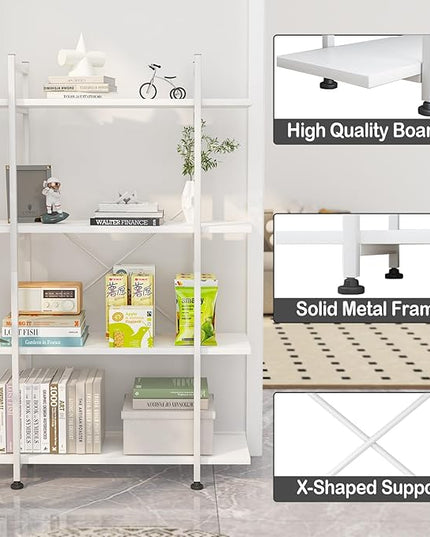 Bookshelf 4 Tiers White Wooden Storage Shelf,Modern Open Display Storage Bookcase Book Organizer,Metal Bookshelf Standing Storage Shelf Tall Shelving Units for Home Office Study - LeafyLoom