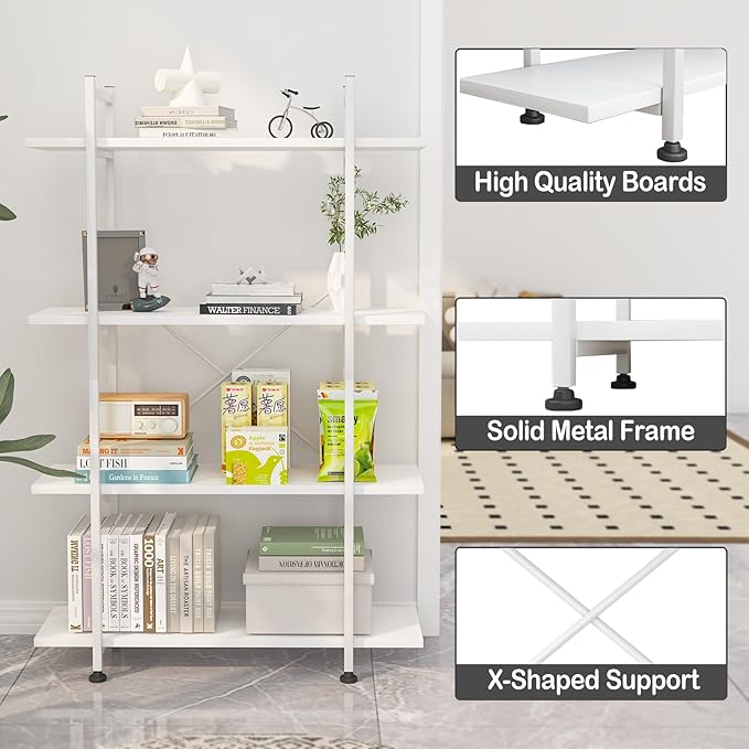 Bookshelf 4 Tiers White Wooden Storage Shelf,Modern Open Display Storage Bookcase Book Organizer,Metal Bookshelf Standing Storage Shelf Tall Shelving Units for Home Office Study - LeafyLoom